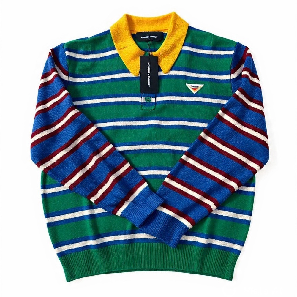 Homme Femme Classic striped Knit Polo on Green and Blue